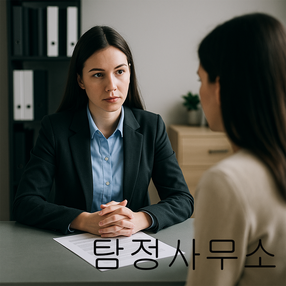 디텍티브정암 상담실에서 여성 전문가가 의뢰인과 마주 앉아 상담 방향을 논의하는 장면