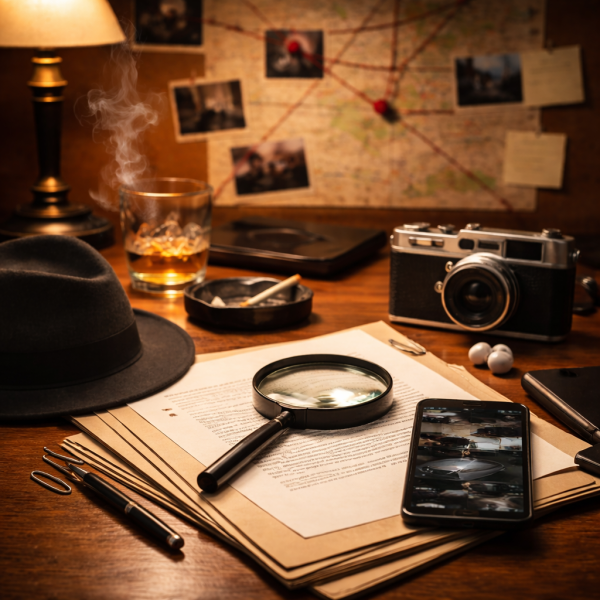 어두운 톤의 사무공간에서 서류와 노트, 확대경이 놓여 있는 전문 탐정 업무 분위기의 실제 사진