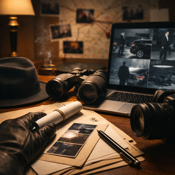 야간 사무실에서 장갑을 낀 손과 쌍안경, CCTV 화면이 표시된 노트북, 감시 사진과 문서가 놓인 사설탐정 조사 현장을 담은 실제 분위기의 사진