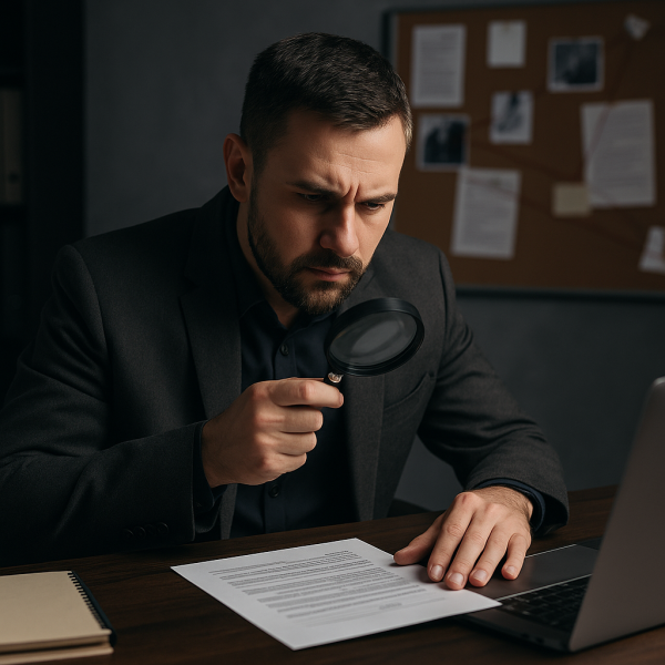 사설탐정사무소 업무 이미지, 문서를 돋보기로 확인하는 조사원의 모습