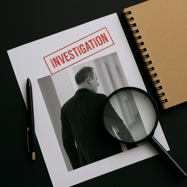 사설탐정사무소 자료 이미지, 조사 서류와 돋보기·노트·필기구가 배치된 탐정 업무 소품 사진