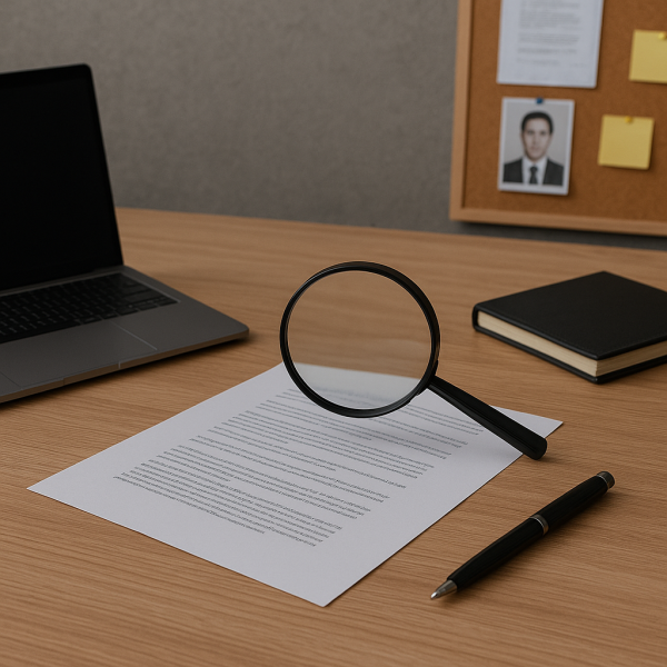 탐정 사무실 책상 위에 놓인 서류와 돋보기, 펜, 노트북, 수첩, 그리고 뒤편의 코르크 보드가 보이는 조사 작업 공간 이미지