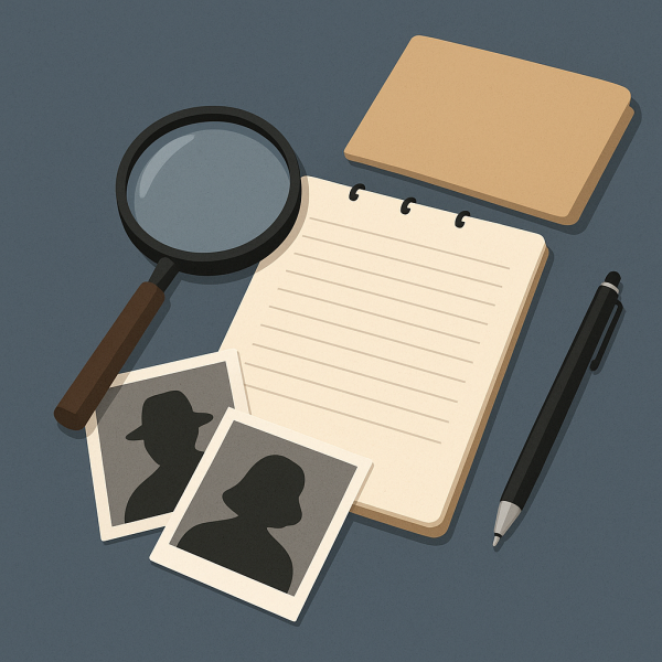 사설탐정사무소 썸네일 이미지, 노트와 사진·문서 소품이 놓인 탐정 작업 일러스트