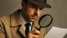 트렌치코트와 모자를 착용한 탐정이 확대경으로 문서를 세밀하게 들여다보는 장면의 실제 느낌 사진