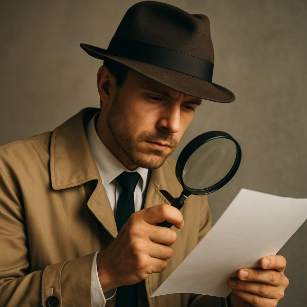 트렌치코트와 모자를 착용한 탐정이 확대경으로 문서를 세밀하게 들여다보는 장면의 실제 느낌 사진