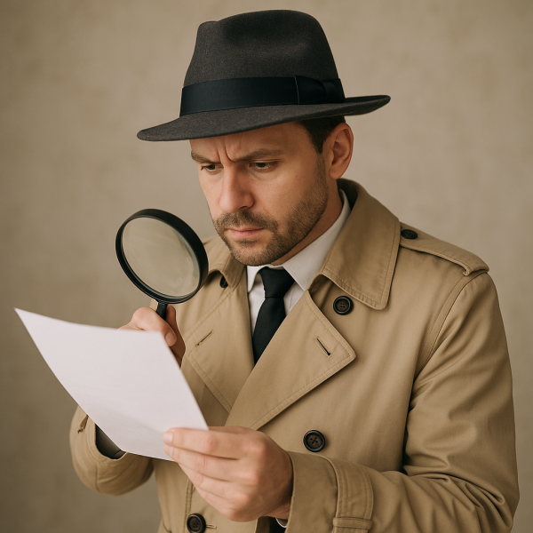 트렌치코트와 페도라를 착용한 탐정이 확대경으로 문서를 집중해 살펴보는 장면의 실제 느낌 사진